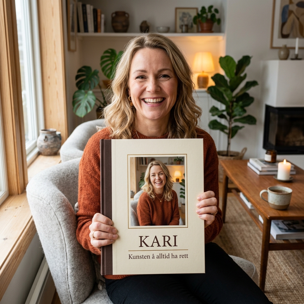 Person som leser en personlig parodibok og smiler